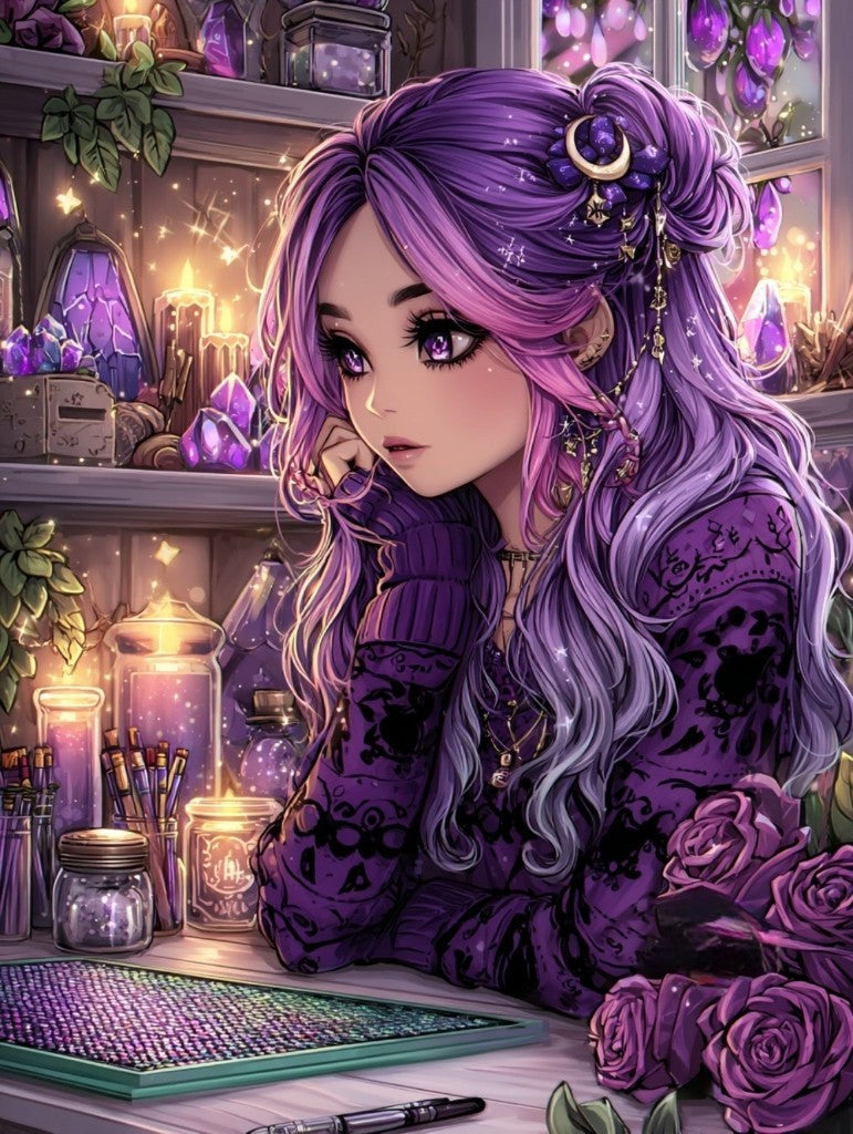 Amethyst Dreams by Anny_AI - diamond painting of a purple-haired dreamer surrounded by glowing crystals, candles, and violet roses in a cozy magical room premium diamond painting kit by Veloura