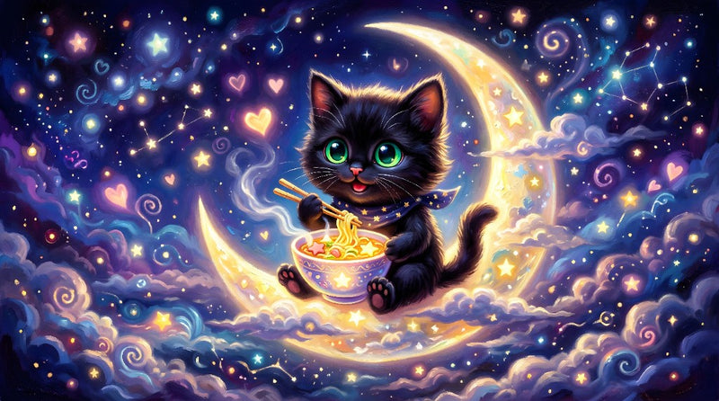 Moonlight Noodles by Toko-wild - diamond painting of a black kitten eating noodles on a glowing crescent moon among stars and constellations premium diamond painting kit by Veloura