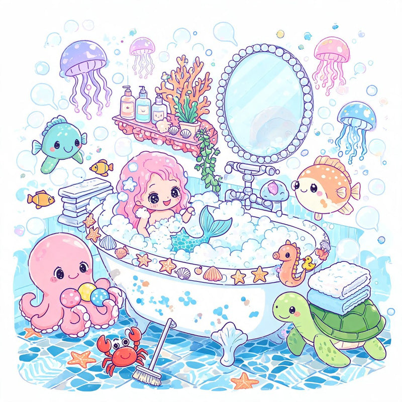 Pearl & Bubbles by Veloura Art - diamond painting of a mermaid enjoying a bubble bath with jellyfish, octopus, turtle, and other cute sea creatures premium diamond painting kit by Veloura