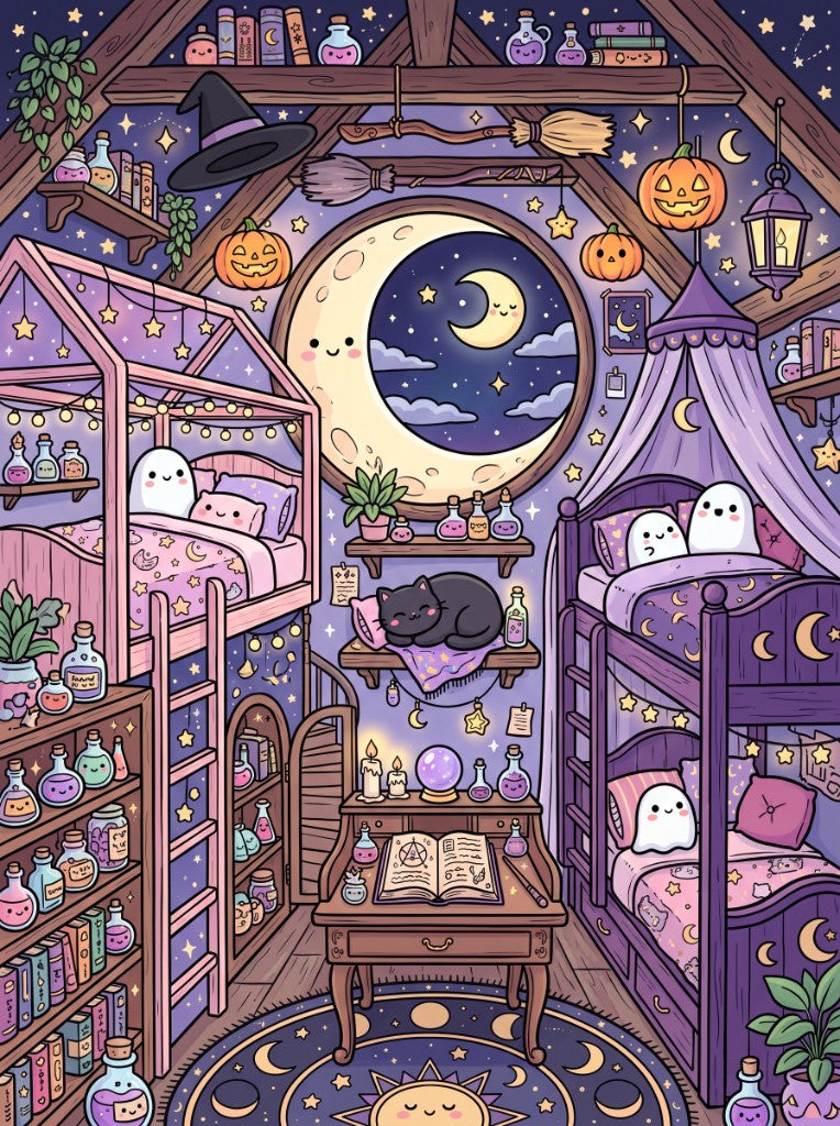 Potion & Pillows by Veloura Art - diamond painting of a whimsical attic bedroom with glowing potions, bunk beds, ghosts, pumpkins, and a sleeping black cat premium diamond painting kit by Veloura