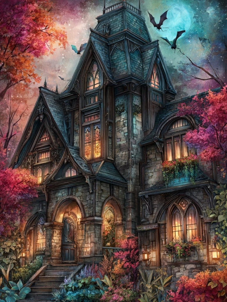 Twilight Manor by Anny_AI - diamond painting of a gothic manor at twilight with glowing windows, autumn gardens, bats, and a turquoise moon premium diamond painting kit by Veloura