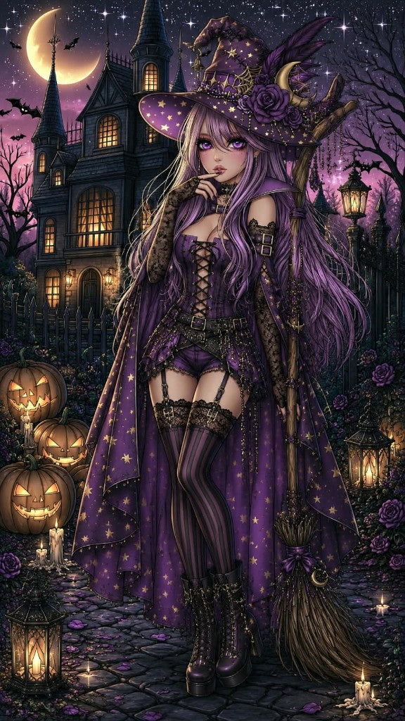 Moonlit Witch diamond painting design by Anny_AI premium diamond painting kit by Veloura