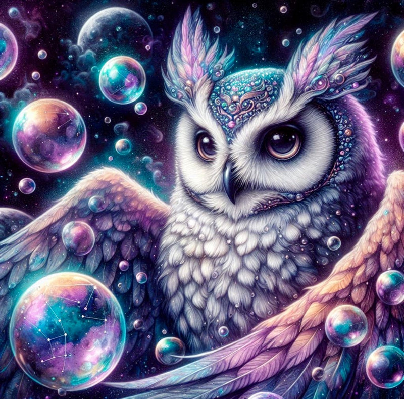 Celestial Guardian by Sandrietta - diamond painting of a majestic owl adorned with celestial jewels among galaxies and constellations premium diamond painting kit by Veloura