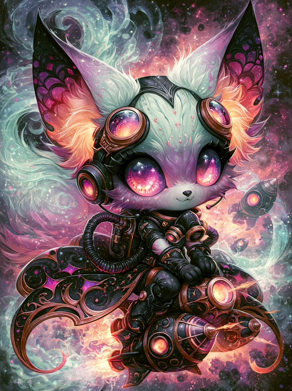 Cosmic Kitty Rider diamond painting design by Sweet_loco_ai premium diamond painting kit by Veloura