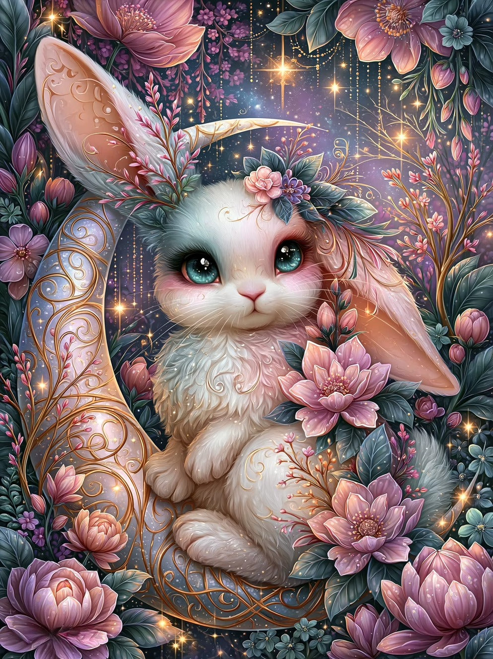 Enchanted Blossom Bunny diamond painting design by Sweet_loco_ai premium diamond painting kit by Veloura