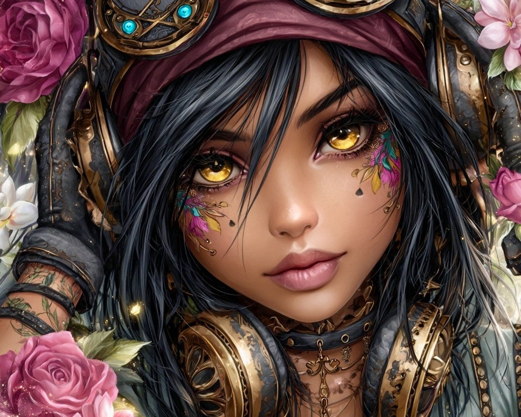 Golden Ember by Anny_AI - diamond painting of a steampunk fantasy portrait with luminous golden eyes, vintage goggles, and blooming roses premium diamond painting kit by Veloura
