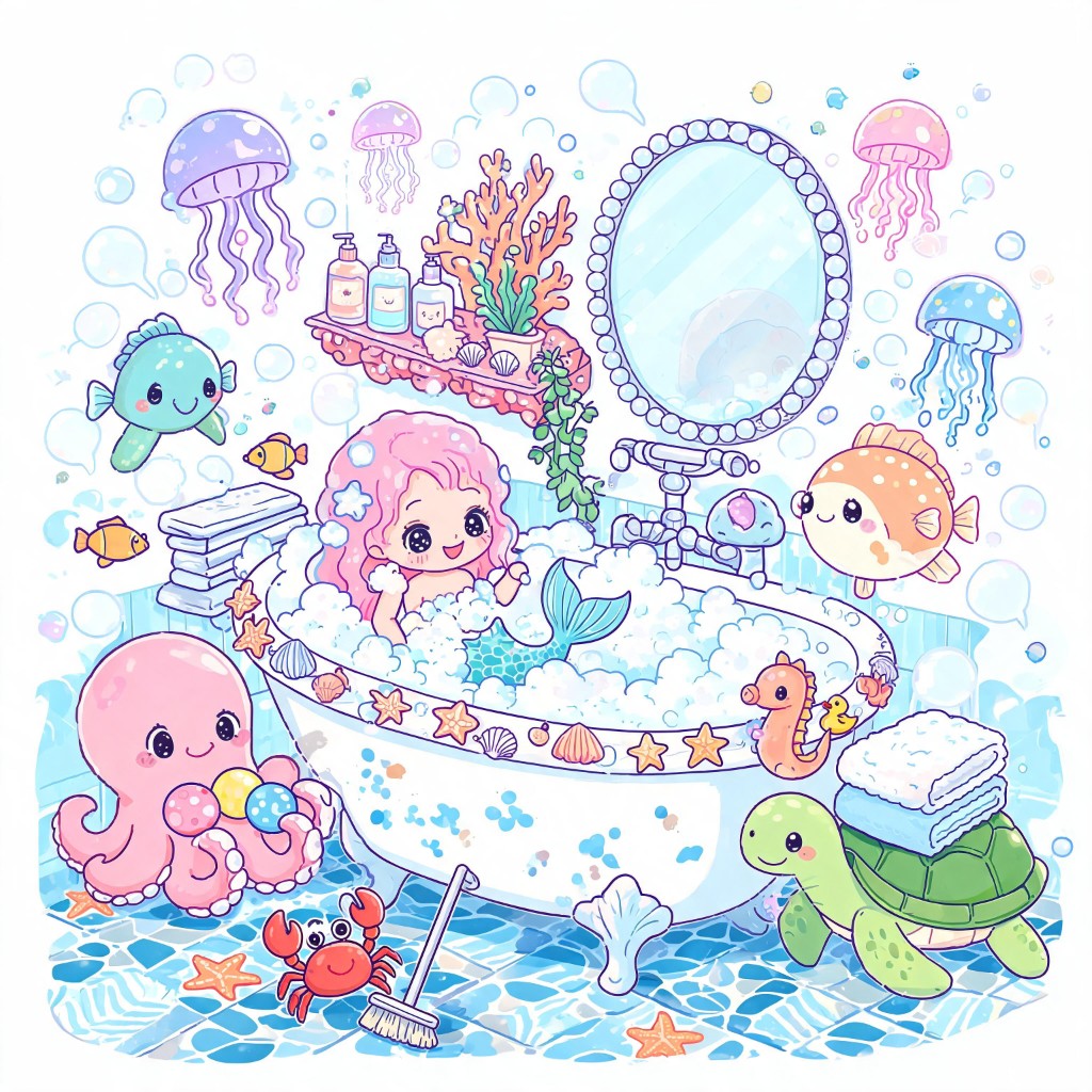 Pearl & Bubbles by Veloura Art - diamond painting of a mermaid enjoying a bubble bath with jellyfish, octopus, turtle, and other cute sea creatures premium diamond painting kit by Veloura