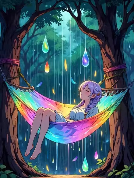 Rainbow Hammock Dreamer diamond painting design by Moramert premium diamond painting kit by Veloura