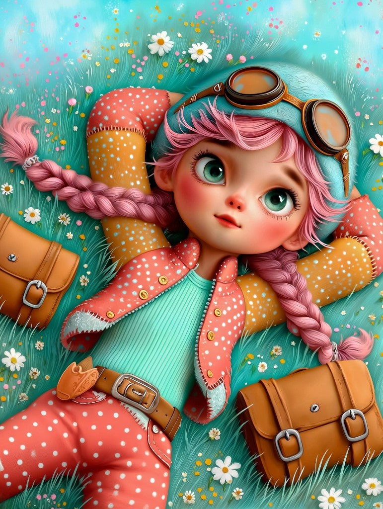 She Dreamed by Zela Ruxa - diamond painting of a young dreamer with pink braids and aviator goggles resting in a wildflower meadow
